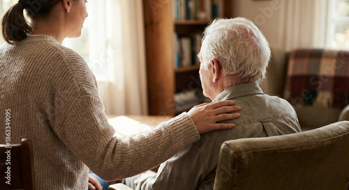 A senior man seated on a couch, comforting and embracing a younger woman, warm lighting, cozy interior, emotional, comforting, compassionate