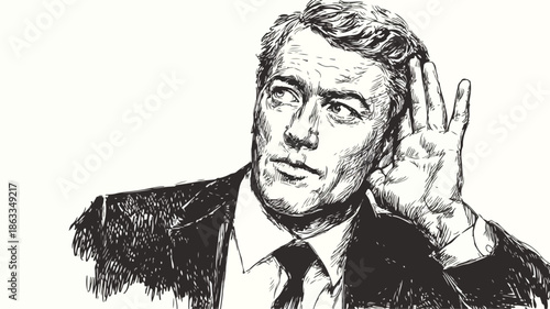 Close-Up of Businessman Listening Carefully with Hand on Ear Vector Illustration