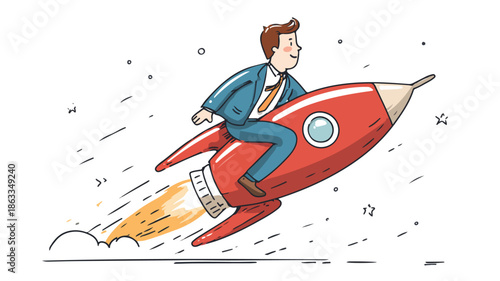Businessman Riding Rocket for Fast Success Achievement Vector Illustration