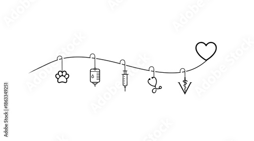 Veterinary Care Chain Line Art with Medical and Pet Symbols