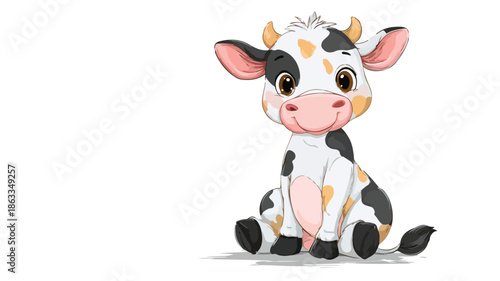Adorable Cartoon Baby Cow Posing in Sitting Position with Outline Isolated Vector