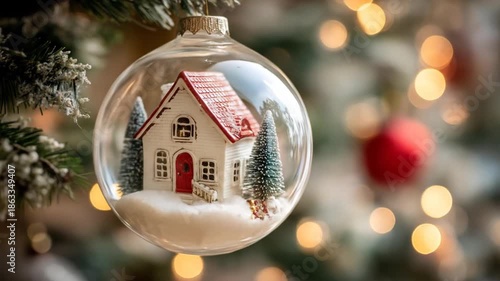 Christmas ornament displaying miniature house with fir trees