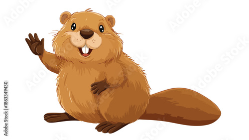 Cheerful Cartoon Cute Beaver Waving on White Background Vector Illustration