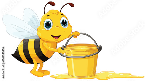 Cute Bee Carrying Honey in Bucket Vector Illustration