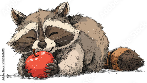 Adorable Cartoon Raccoon Holding Apple, Vector Illustration with Outline