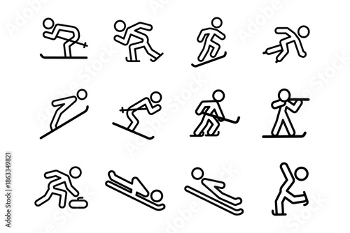 winter sports pictograms: skiing, snowboarding, ice skating, sledding, curling, and biathlon vector icon set