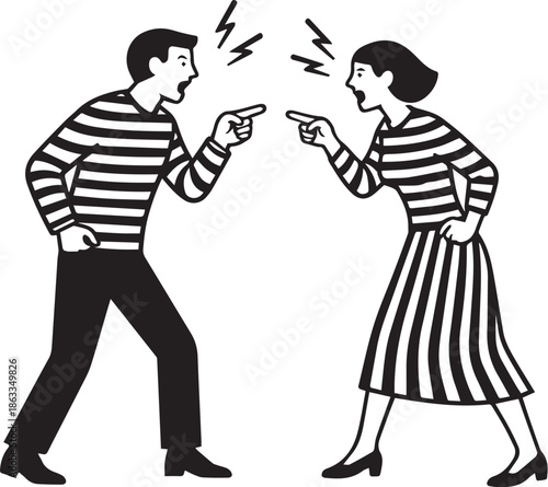 Black and White Vector Illustration of Two People Arguing in Conflict