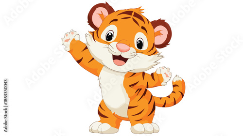 Adorable Cute Baby Tiger Cartoon Waving Vector with Outline Isolated