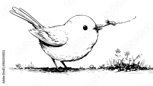 Adorable Bird Feeding Behavior Pulling Worm from Ground Vector Illustration
