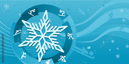 Winter sports background with snowflake and sport symbols in blue colors - banner, vector illustration background with empty space