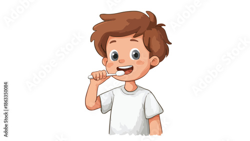 Young Child Brushing Teeth Vector Illustration with Outline on White Background