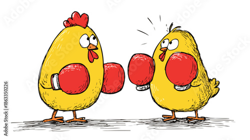 Adorable Chicken Boxing Cartoon with Outline, Isolated on White Background