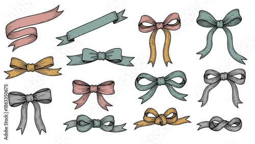 Collection of colorful ribbons and bows in various styles and colors
