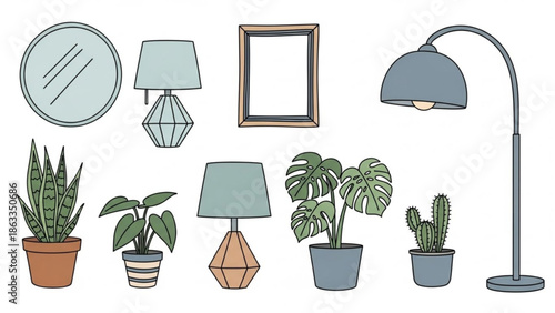 Modern home decor items with plants and lamps on white background