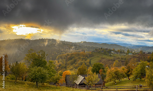 Sunny Autumn Carpathians with Puffy White During The Sunset