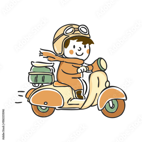 Cartoon boy riding vintage scooter vector illustration