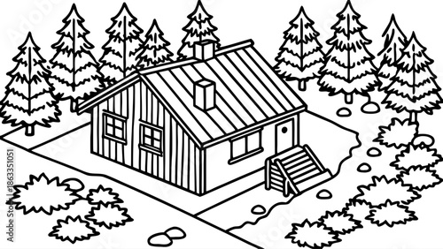 Very beautiful aerial top view of a red log cabin with sauna nestled among spring forests and lakes, representing authentic countryside life in Finland.