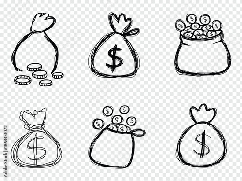 Hand drawn Money Bags and Coins Sketch Collection Set