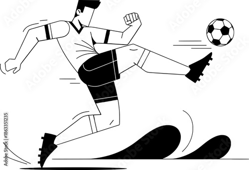 Soccer Player Kicking Ball Action Illustration in Monochrome Style for Football Promotion, Sports Media, Match Poster, Athletic Branding, and Modern Graphic Design