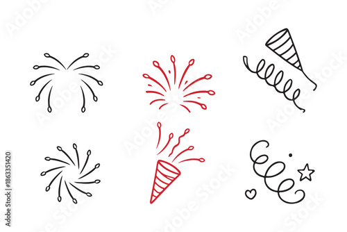 Vibrant party celebration icons with fireworks and horns