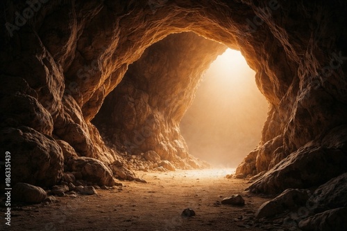 Dark cave with bright light at the exit, symbol of hope, new beginning and finding a way forward, concept of solution, clarity and positive change.