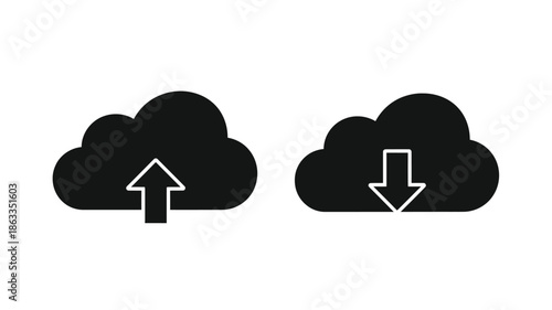 Two dark cloud icons with arrows representing upload and download silhouette