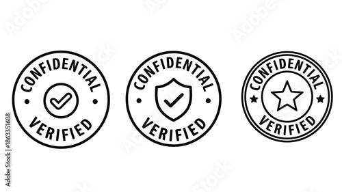 Three circular confidential and verified badges in a black and white silhouette