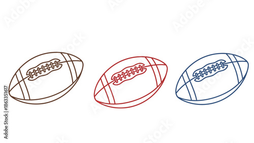 Three colorful american football sketches in a simple line art silhouette