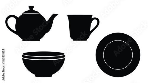 Black tea set including teapot cup bowl and plate silhouette