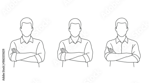 Three men with arms crossed depicted in a minimalist silhouette