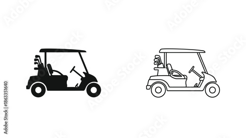 Two golf carts depicted in contrasting styles one as a silhouette