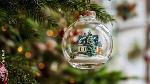 Christmas ornament displaying miniature house on evergreen branch