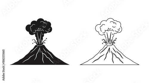 Two volcanic eruptions one dark and one light in a simple silhouette