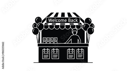 Welcome back booth with balloons and a vendor in silhouette