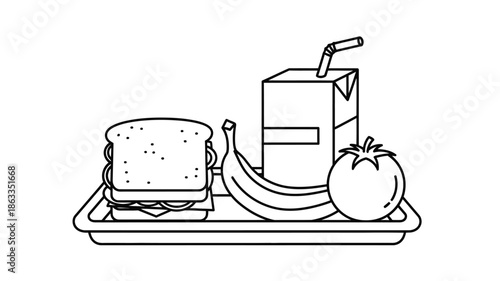 A simple lunch tray with sandwich juice banana and tomato silhouette