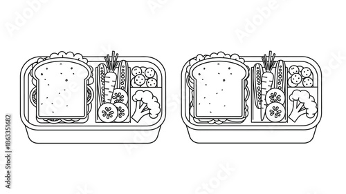 Two lunchboxes filled with sandwiches and fruits a simple outline silhouette