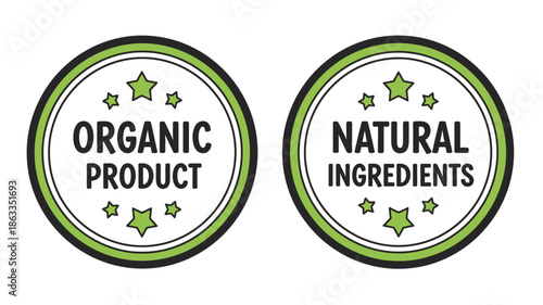 Two circular labels displaying organic and natural product claims silhouette