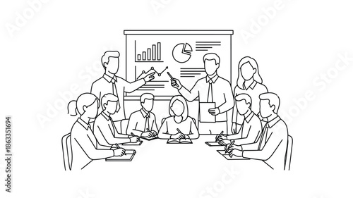 Business meeting with a presenter and attentive audience line art silhouette