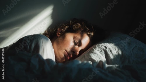 Close-up of a young woman sleeping peacefully in a bed with white linens, as soft morning sunlight filters through blinds, creating a serene and cozy atmosphere