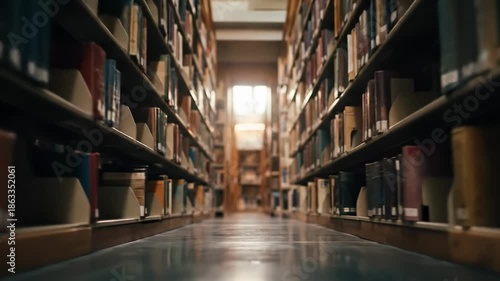 Perspective view of a quiet library aisle with tall wooden bookshelves filled with books, receding into a softly lit background, creating a calm atmosphere for research