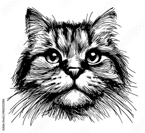Close up fluffy cat face portrait, realistic domestic pet head sketch vector illustration