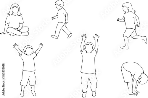 CAD Drawings. Set kids outlines isolated on white background. Sitting, walking, etc. Vector illustration.
