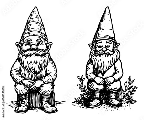 Cute garden gnomes sitting, funny fairytale dwarf statue character sketch vector illustration