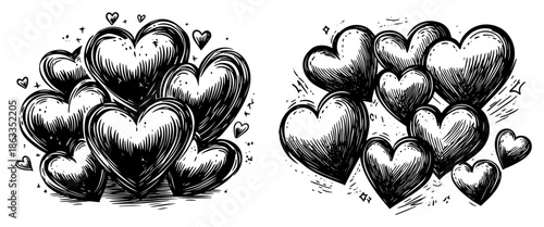 Set of clustered heart shapes, romantic valentine love symbol sketch vector illustration