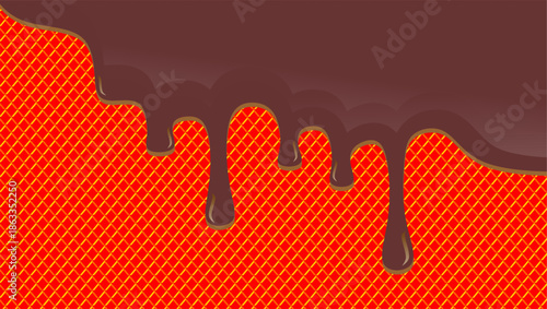 Abstract chocolate drip illustration. Hot chocolate drip on waffle background. Wavy abstract choco drip background. Chocolate melt illustration vector design.