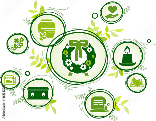 Funeral services vector illustration. Green concept with icons related to cemetery / burial / memorial - examples of funeral home services - bereavement, funeral arrangements.