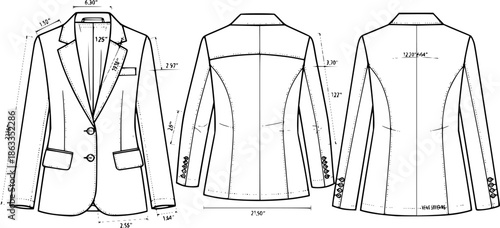 flat sketch set of women's blazer jacket technical cad drawing vector template
