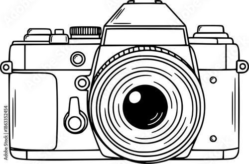 line drawing Photo camera linear style. Black image isolated on white background. Hand drawn minimalism style vector illustration doodle style
