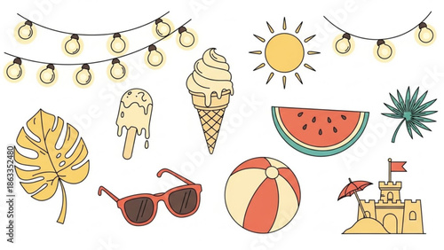 Vibrant summer icons for lively beach and outdoor fun