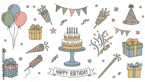 Vibrant birthday celebration elements with cake and gifts